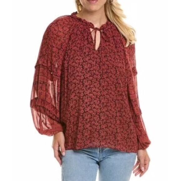 Kobi Halperin Mckenna Peasant Blouse Wine Red Floral Ruffle Tie Neck M - Picture 1 of 13